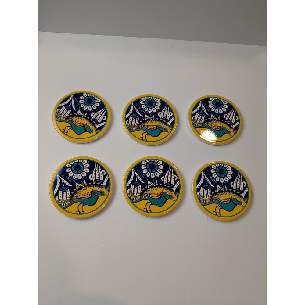 Set of 6 Khaadi Ceramic Coasters‎ with Peacock Design Cork Backed